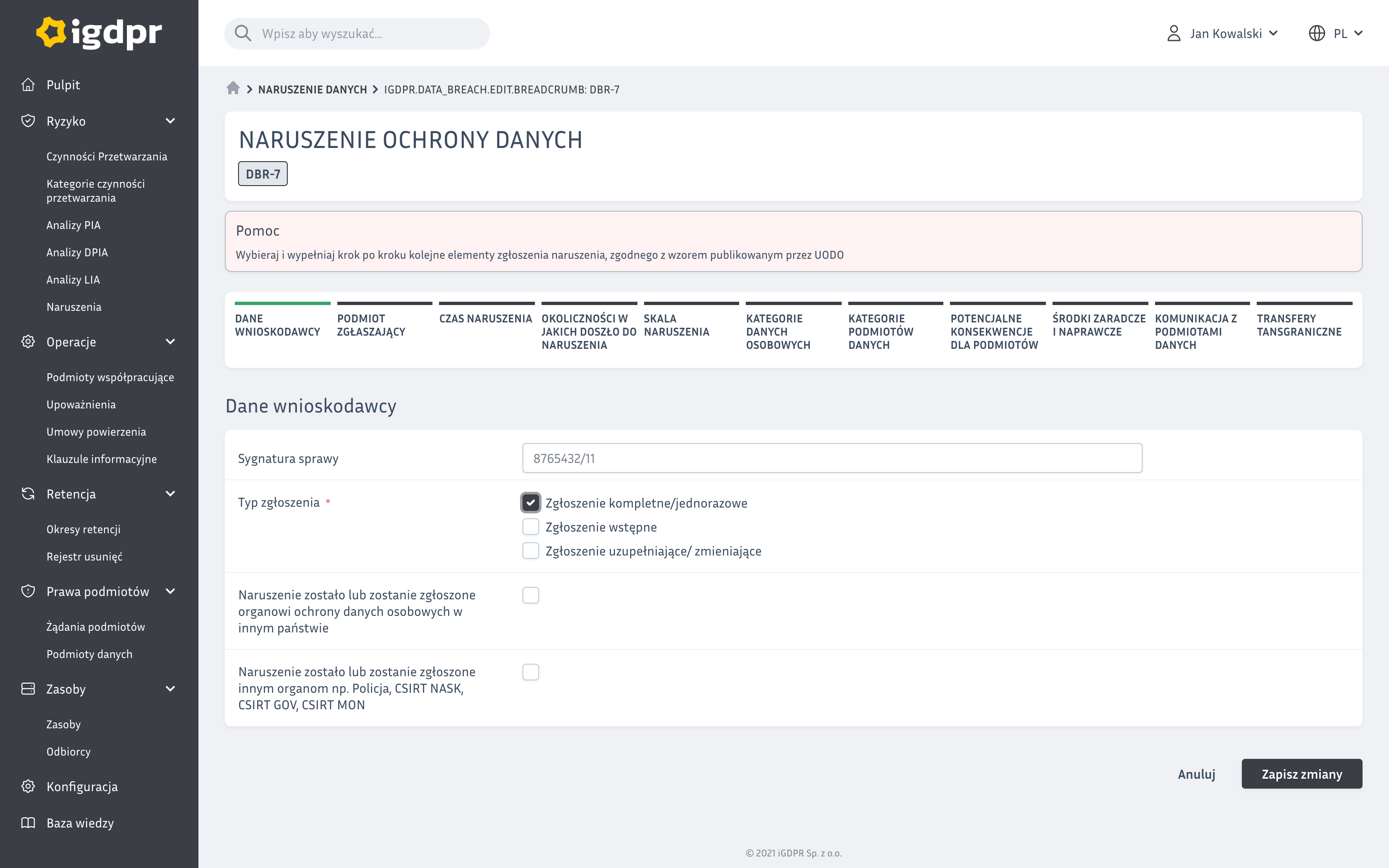 Przetwarzanie danych osobowych w systemie iGDPR. Naruszenie ochrony danych osobowych Przetwarzanie danych osobowych w systemie iGDPR. Naruszenie ochrony danych osobowych