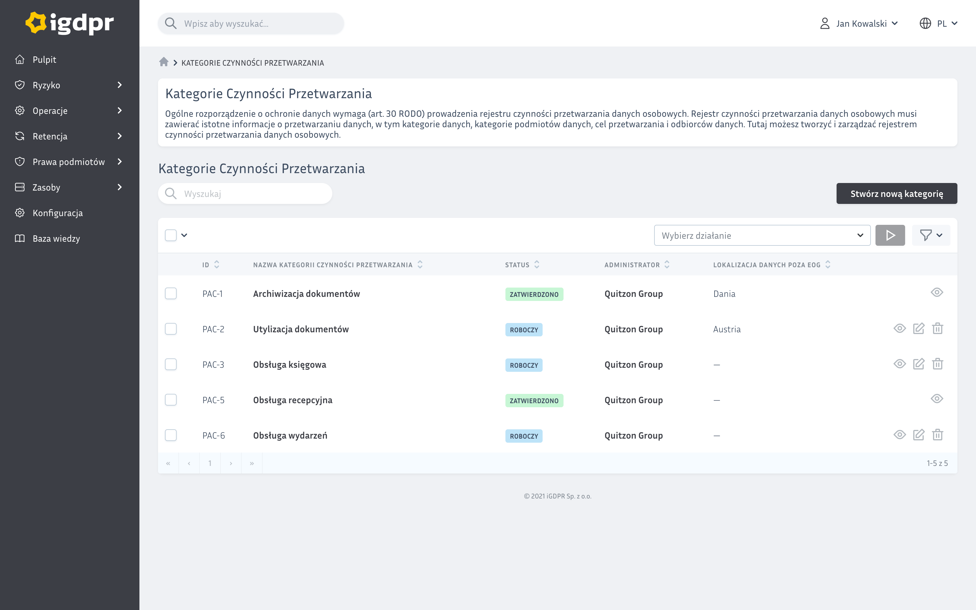 Przetwarzanie danych osobowych w systemie iGDPR. Rejestr kategorii czynności przetwarzania danych osobowych Przetwarzanie danych osobowych w systemie iGDPR. Rejestr kategorii czynności przetwarzania danych osobowych