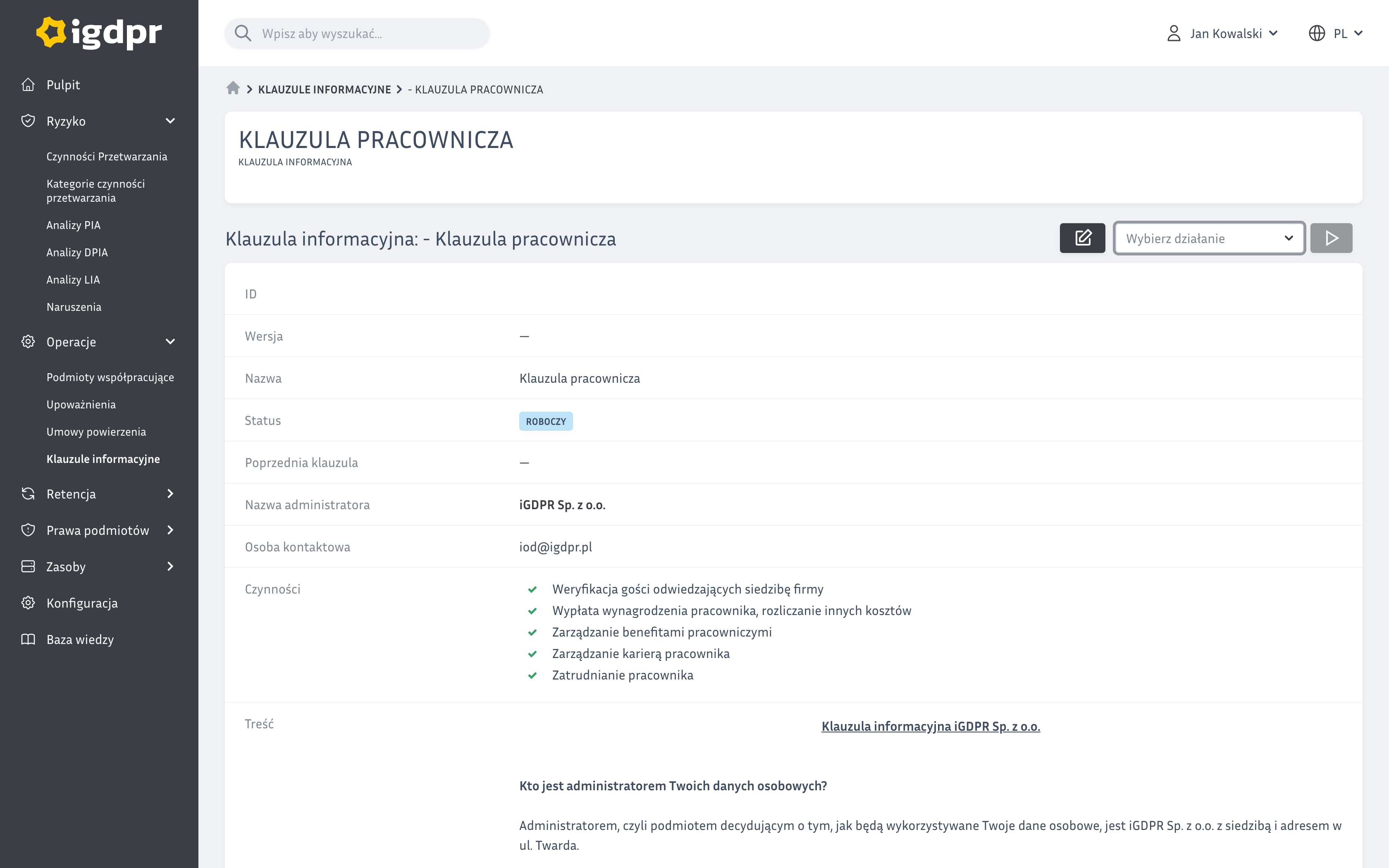 Przetwarzanie danych osobowych w systemie iGDPR. Klauzula informacyjna Przetwarzanie danych osobowych w systemie iGDPR. Klauzula informacyjna