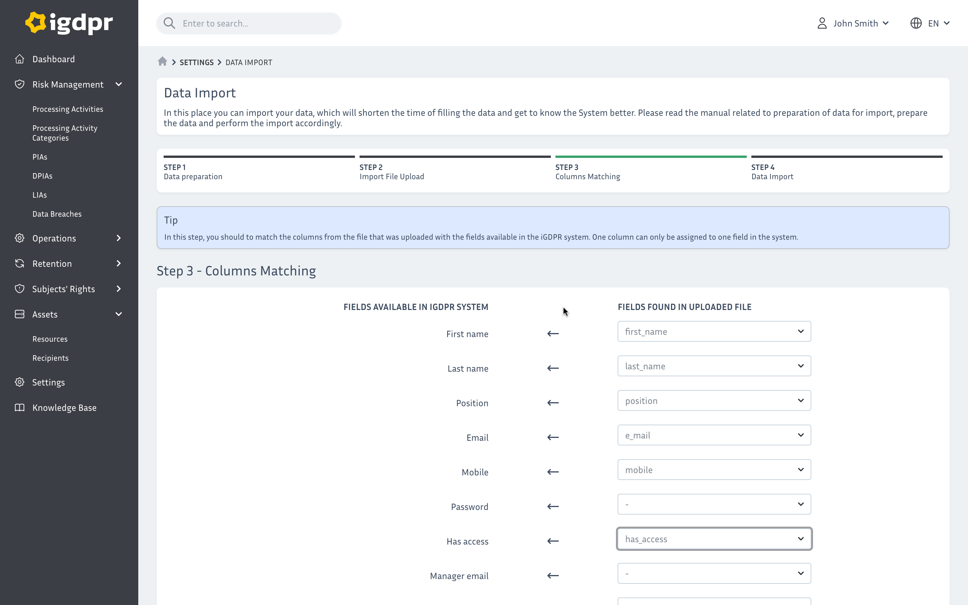 iGDPR System, Import
