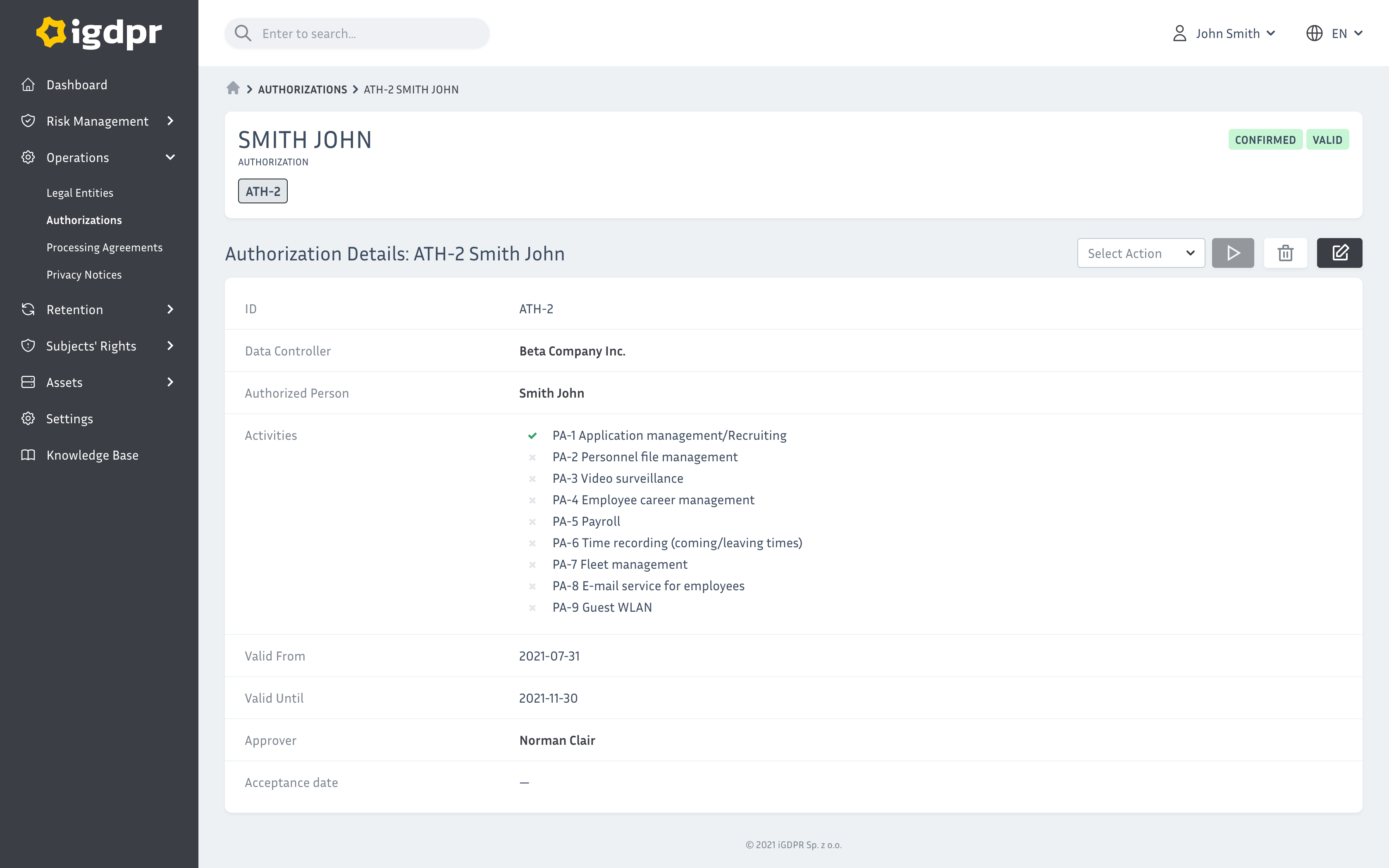 iGDPR System, Authorizations